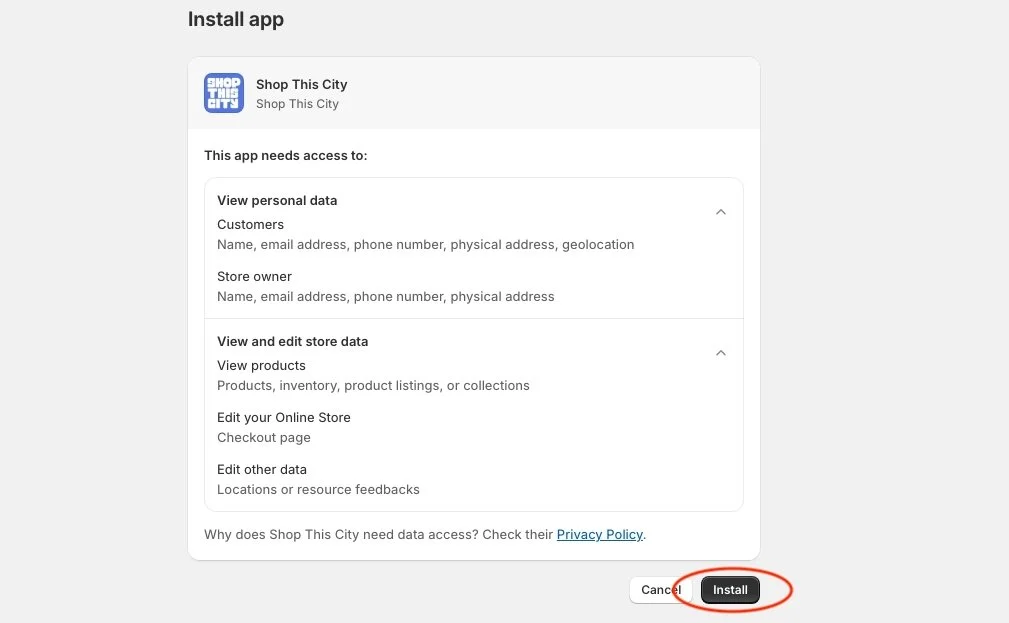 The Shop This City app listing on the Shopify App Store