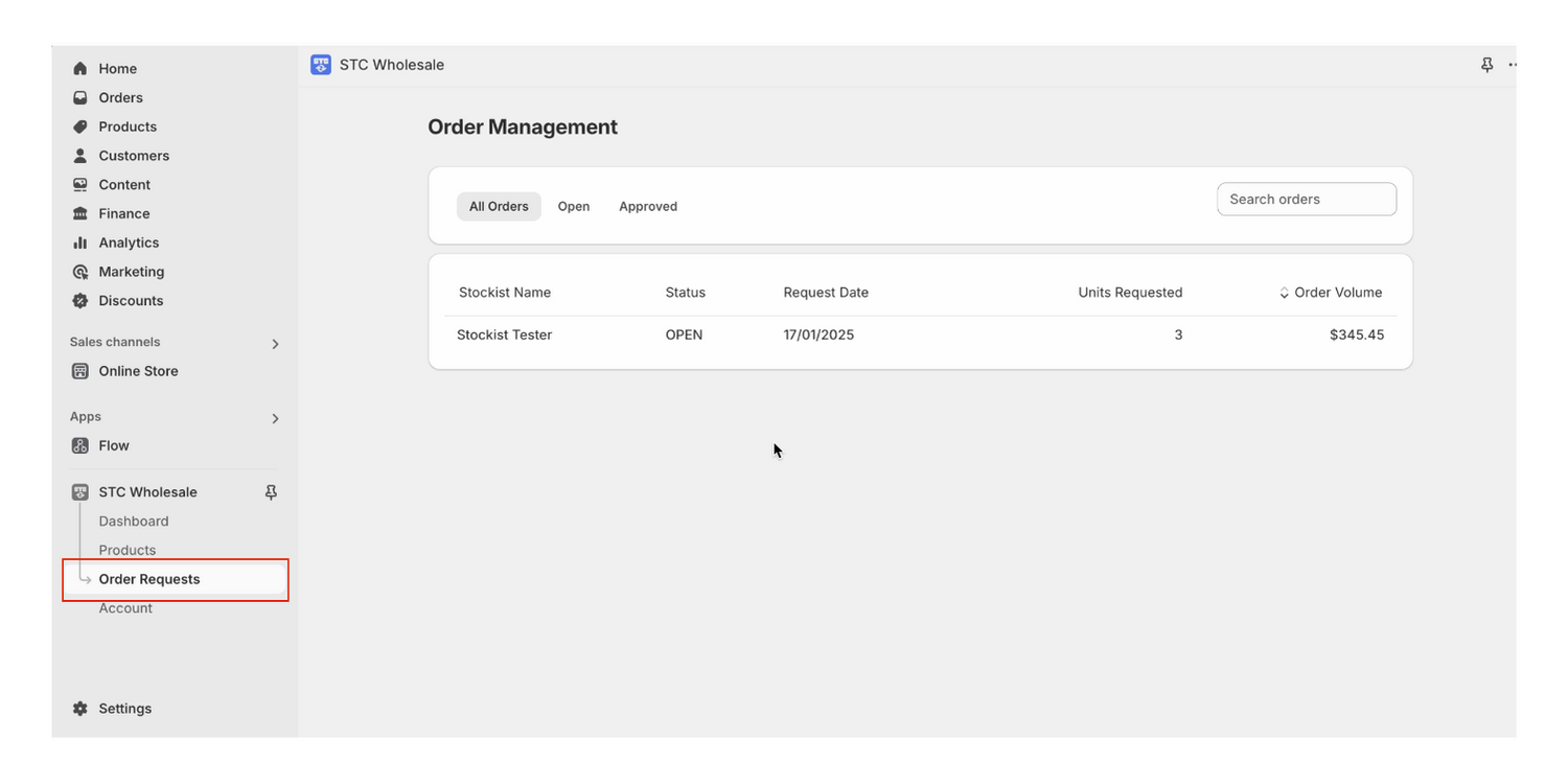 The order requests tab