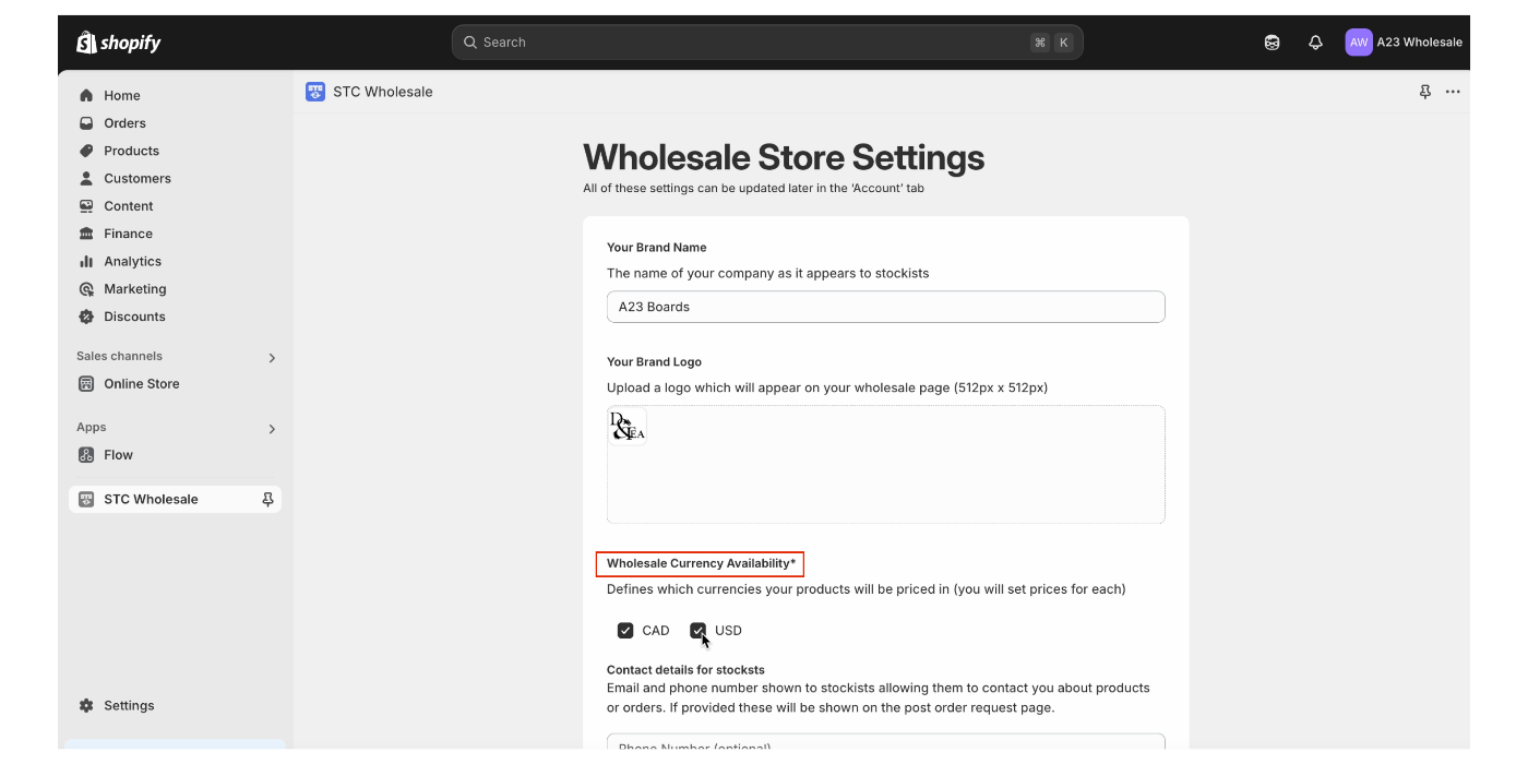STC Wholesale store settings