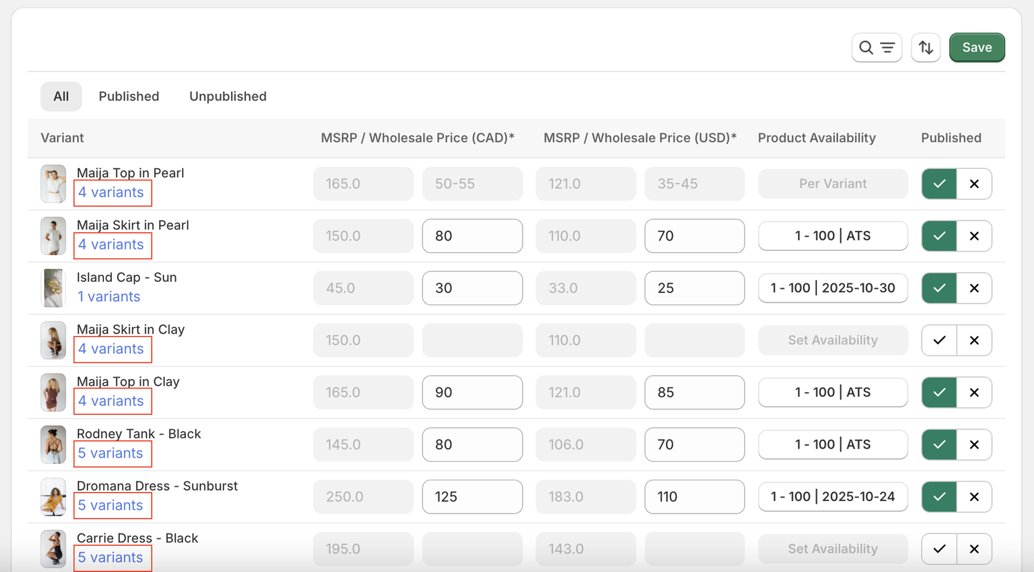 Variant level wholesale pricing